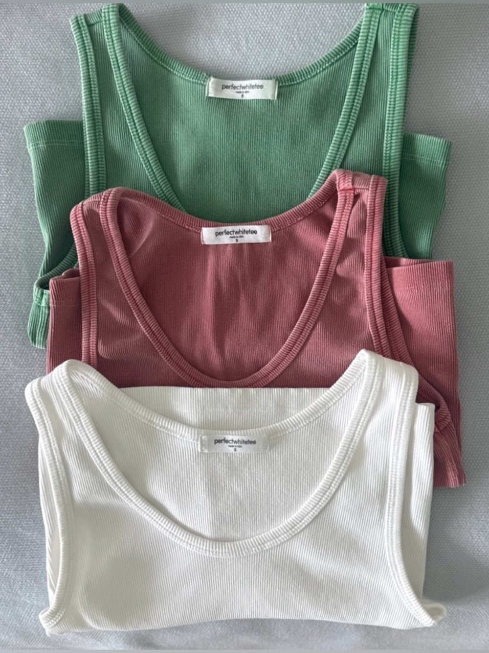 perfectwhitetee Ribbed Scoop Tank Trio — White, Dusty Rose, Sage Green